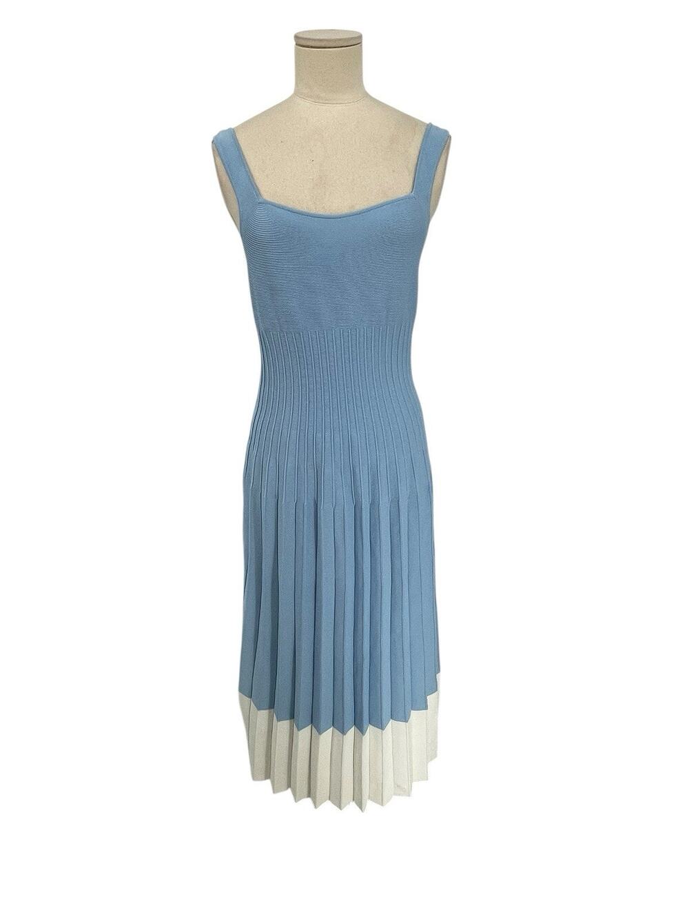 Staud Ellison Dress Blue White Pleated Midi Size Large
